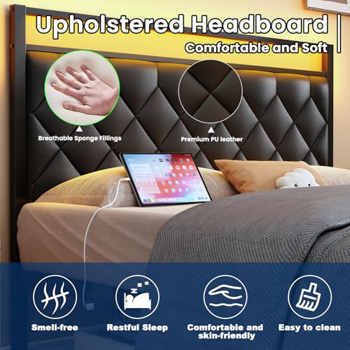 King Size Bed Frame with Charging Station, LED Light and PU Leather Upholstered Headboard, Platform Bed Frame with Under-Bed Storage, Easy Assembly, Noise Free, No Box Spring Needed, Black - size: King (U.S. Standard)