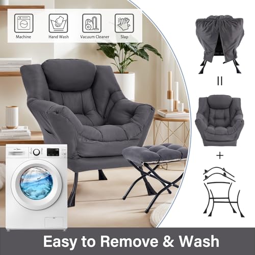 Lazy Chair with Ottoman, Soft Comfy Chair for Bedroom, Grey | Reading Accent Lounge Chair with folding Foot Stool for Living Room Dorm Apartment, sturdy metal frame - color: Dark Grey