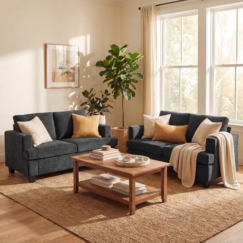 YOUDENOVA 2 Piece Set Comfy Sofa Couch, Loveseat Sofa * 2 with Deep Seats, Modern Sleeper Couch for Living Room, Dark Grey Chenille - color: Dark Grey Chenille, size: Loveseat*2