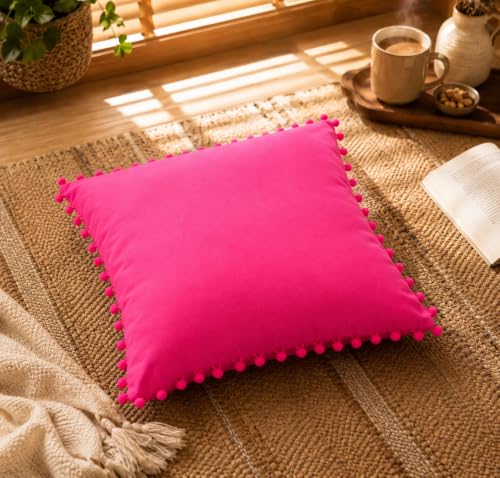 WWW.THROWPILLOW.IN Hot Pink Solid Cotton Cushion Cover with Pom Pom Preppy Decorative Throw Pillow Cover for Dorm Room,Feminine Chic Home Decor Accent Large Square Cushion 20x20 Inches