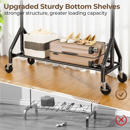 HYSEYY Heavy Duty Clothes Rack Load 450 LBS, Metal Garment Rack, Standing Rolling Clothing Rack for Hanging Clothes with Sturdy Wheels & Shelves, Portable Closet Wardrobe Rack,Black - color: Black