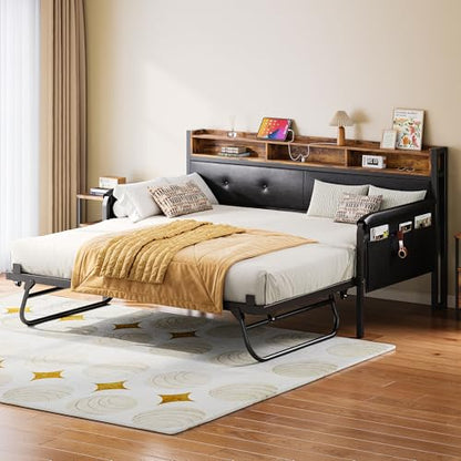 LIKIMIO Daybed with Trundle, Twin Bed Frame, Dark Black | with Upholstered Headboard and Charging Station, Sofa Day Bed with Strong Supports for Living Room, Bedroom and Guest Room - color: Dark Black