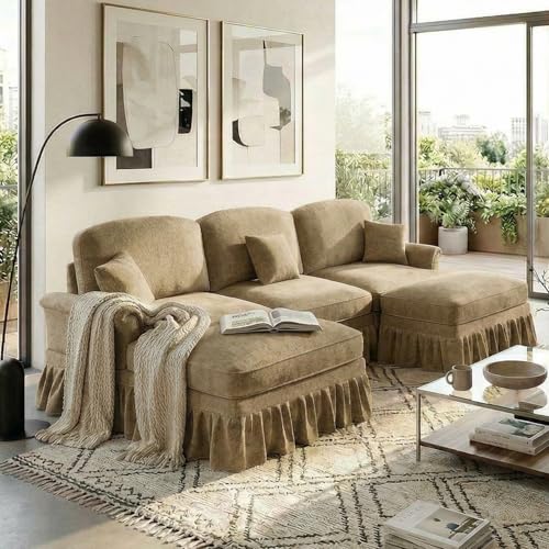 Modular Sectional Sofa Couch, Comfy Chenille Sofa with Removable Ruffled Skirt, Flared Armrests, Sturdy Legs, Convertible Sectional for Living Room, Bedroom, Apartment (Coffee) - color: Coffee, size: 107.1 Inch U