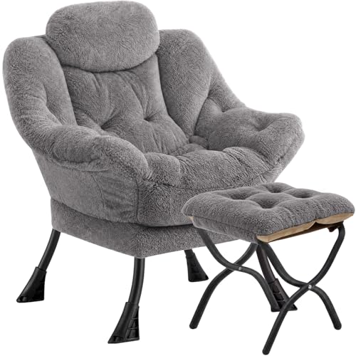 Lazy Chair with Folding Ottoman,Leisure Sofa Chair,Soft Fabric Armchair with Armrests and Side Pockets, Reading Chair with Footrest for Living Room, Bedroom, Office (Plush Light Grey) - color: Plush Light Grey