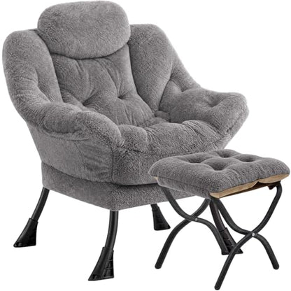Lazy Chair with Folding Ottoman,Leisure Sofa Chair,Soft Fabric Armchair with Armrests and Side Pockets, Reading Chair with Footrest for Living Room, Bedroom, Office (Plush Light Grey) - color: Plush Light Grey