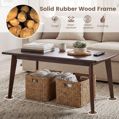 GOFLAME Solid Wood Coffee Table, 34.5" x 21" x 17" Mid-Century Modern Center Table with Storage, Curved Edges, Retro, Small Japanese Floor Table with Tapered Legs for Living Room, Apartment, Walnut