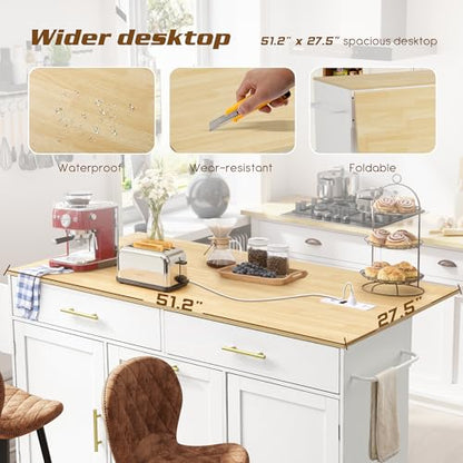 60" Kitchen Island with Power Outlet, Drop Leaf, Trash Can Storage | Rolling Kitchen Island Table Cart Cabinet with Drawer, Mobile Kitchen Cabinet on Wheels w/Spice Rack, Towel Bar, Hooks - color: White, size: 60"