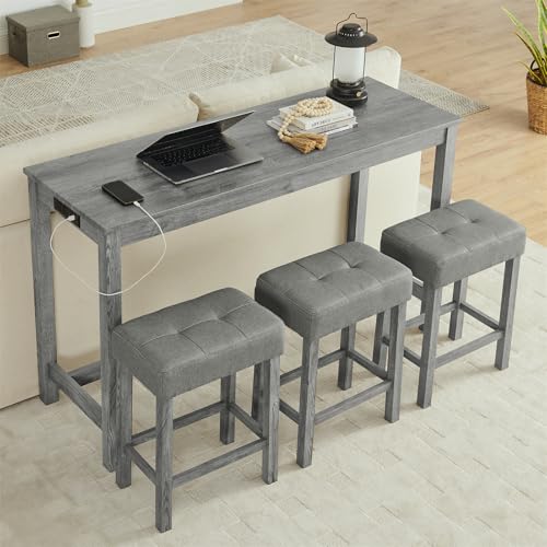 59" Industrial 4 Piece Bar Table Set with Built-in Power Outlet, Behind Couch Sofa Table with 3 Linen Upholstered Stools, Bar Table and Chairs Set for Living Room, Dining Room, Lounge, Gray - color: R2-gray