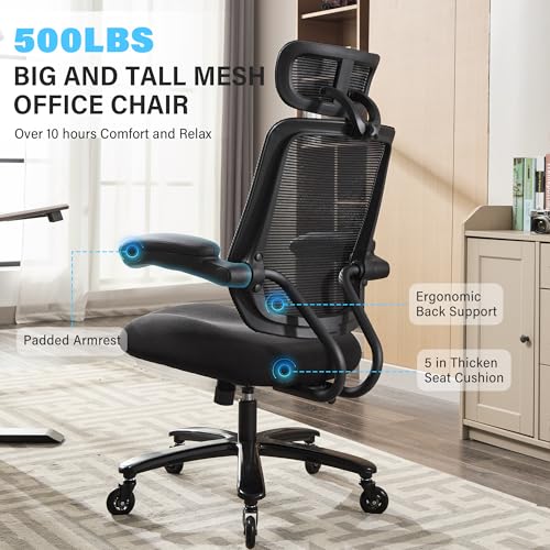 500lbs Big and Tall Office Chair - Heavy Duty Mesh Ergonomic Desk Chair with Headrest, High Back Computer Chair - Flip-up Armrests, Wide Thick Seat Cushion, Quiet Wheels, Black - color: Black With Headrest