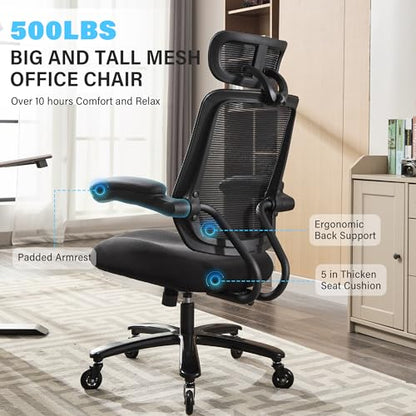 500lbs Big and Tall Office Chair - Heavy Duty Mesh Ergonomic Desk Chair with Headrest, High Back Computer Chair - Flip-up Armrests, Wide Thick Seat Cushion, Quiet Wheels, Black - color: Black With Headrest