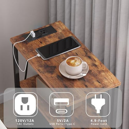 TUTOTAK Small Narrow End Table with Charging Station, Set of 2 | Side Table with Outlets, Nightstand with Cloth Drawer, Couch Table for Living Room, Bedroom, Bedside, Brown TB01BB058 - color: Brown, style: 1 Drawer & Plug
