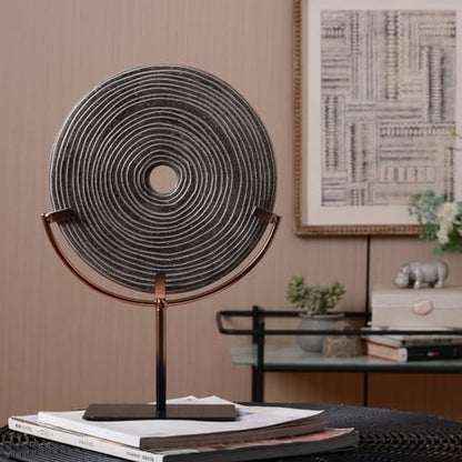 HAUCOZE Modern Home Decor Abstract Sculpture Table Centerpiece Art 13.4inch | Rustic Resin Statue with Metal Stand Round Disc Ornament Screen Figurine Fashion Gift for Desktop Bookshelf - size: 9.1x13.4inch