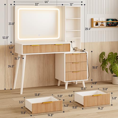 44" Vanity Desk with Mirror and Lights, Makeup Vanity Desk with Power Outlet, Makeup Desk with 5 Drawers&Storage Shelves, Vanity Table 3 Color Adjustable Brightness Dressing Table Set for Bedroom