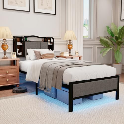 Twin XL Bed Frame with LED Lights & Charging Station | Upholstered Headboard & Footboard, No Box Spring Needed, Noise-Free Easy Assembly, Large Under Bed Storage - size: Twin XL