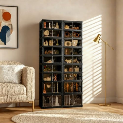Foldable Shoe Organizer Storage Box, Portable Extra Large Folding Shoe Rack for Closet, Shoe Storage Box with Magnetic Transparent Door and Wheels, 9 Layers 18 Grids with 4 Big Grids - size: Black 9 Layers-C