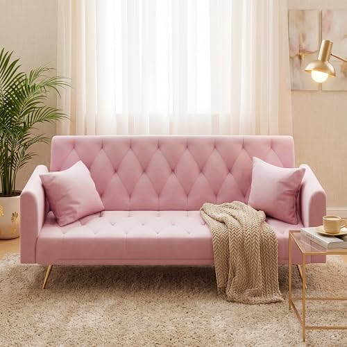 Anwick 72''Modern Velvet Sofa Bed Futon,Convertible Folding Sleeper Couches with 3 Adjustable Backrests,Tufted Recliner Loveseat with Golden Chrome Legs for Living Room Apartment Office (Light Pink) - color: Light Pink