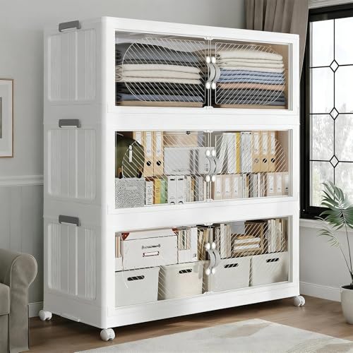 45GAL Plastic Storage Bins with Lid, 180QT Extra Large Stackable Closet Organizers and Storage, Collapsible Storage Boxes with Wheels, Folding Cabinet for Home Kitchen Office, 3Pack White - color: White, size: 15Gal-3Pack