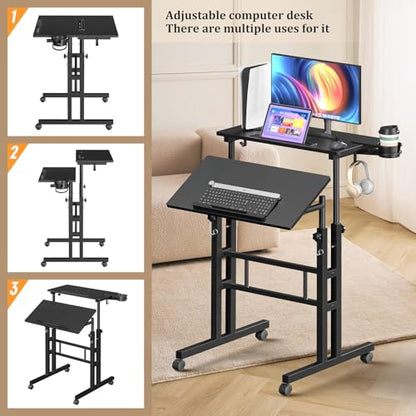 Enayplon Small Standing Desk with Wheels, Mobile Stand Up Desk, Portable Standing Table on Wheels for Walking Pad, Rolling Computer Desk Adjustable Height, Tall Table - color: Black