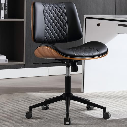 Home Office Chair No Arms with Wheels, Mid Back Walnut Style, Black | Adjustable Height Small Desk Chair, PU Leather Mid Back 360 Swivel Computer Seating, Armless Walnut Office Chair, 300LBS - color: Black, size: MCM Style