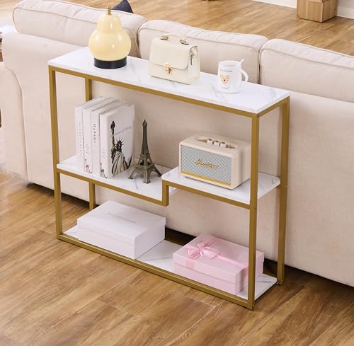 loglus Console Table for Entryway, Faux Marble MDF Sofa Table with Golden Frame, White Marble, 9.45" D x 38.18" W x 31.22" H - color: White Marble, style: Multilayer