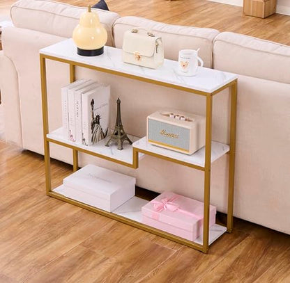 loglus Console Table for Entryway, Faux Marble MDF Sofa Table with Golden Frame, White Marble, 9.45" D x 38.18" W x 31.22" H - color: White Marble, style: Multilayer