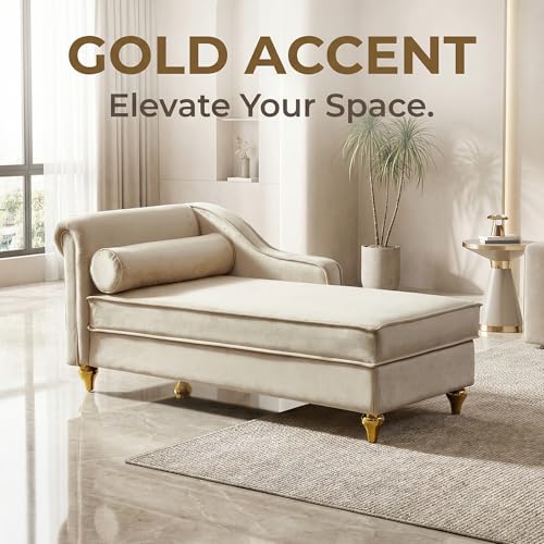 60.6" Modern Storage Chaise Lounge Indoor,Velvet Upholstery Sofa Chair with1 Toss Pillows,Upholstery Lounge Sofa with Gold Metal Legs for Small Apartment,Living Room,Office,Reception Area,Beige - color: Beige