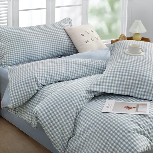 SAPHREAS Twin Size Light Blue Plaid Duvet Cover 100% Washed Cotton Soft Comforter Cover Simple Style 2pcs 1 Blue Grid Duvet Cover 1 Pillow Sham, Comforter Not Included - color: Checker Blue, size: Twin (68"x90")