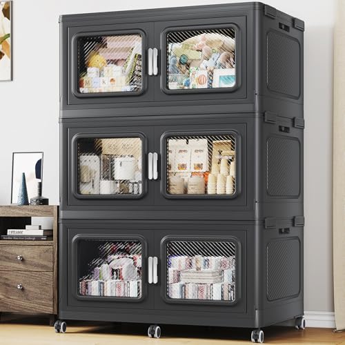 BROVIEW 660 Qt Extra Large Stackable Storage Bin with Lids, 3 Pack Black | 165Gal Extra Large, Collapsible Storage Boxes with 3 Lids, Folding& Rolling Plastic Drawer, Heavy-Duty Cabinet Organization - color: Black, size: 220QT-3pack