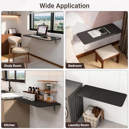 Neoaider Wall Mounted Folding Desk 35.4” x 15.7”, Black | Drop Down Table with Metal Collapsible Brackets, Folding Wall Table for Small Spaces, Home, Office, Kitchen, Laundry Room - color: Black, size: 35.4" x 15.7"