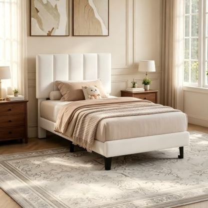 Garvee Twin Size Bed Frame with Upholstered Headboard for Kids, White | Fully Velvet Upholstered Mattress Foundation with Height Adjustable Headboard, No Box Spring Needed, Easy Assembly - color: White, size: Twin