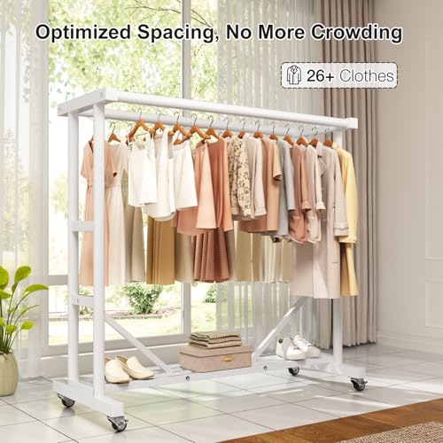 Heavy Duty Clothes Rack, Thickened Stainless Steel Frame, White | Thickened stainless steel frame, high load capacity, home & commercial, rust-resistant, stable without wobbling - color: White