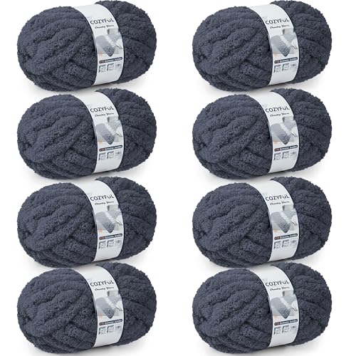 Cozyful Chunky Yarn for Hand Knitting - #10 Chunky Chenille Yarn, Jumbo Big Thick Chunky Yarns for Crocheting, Super Bulky Chunky Knit Blanket Yarns, 8 Skein (22 yds 8 oz Each Skein), Charcoal Grey - color: Charcoal Grey