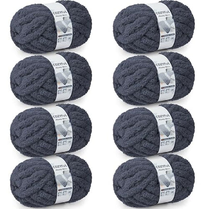 Cozyful Chunky Yarn for Hand Knitting - #10 Chunky Chenille Yarn, Jumbo Big Thick Chunky Yarns for Crocheting, Super Bulky Chunky Knit Blanket Yarns, 8 Skein (22 yds 8 oz Each Skein), Charcoal Grey - color: Charcoal Grey