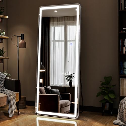 65"x24" LED Full Length Mirror, Standing Floor Body Mirror | Dimmable Lights 3 Color Modes – Adjustable Brightness, Wall-Mount or Leaning for Barber, Fitness Center, Dressing Room - size: 65"L x 24"W