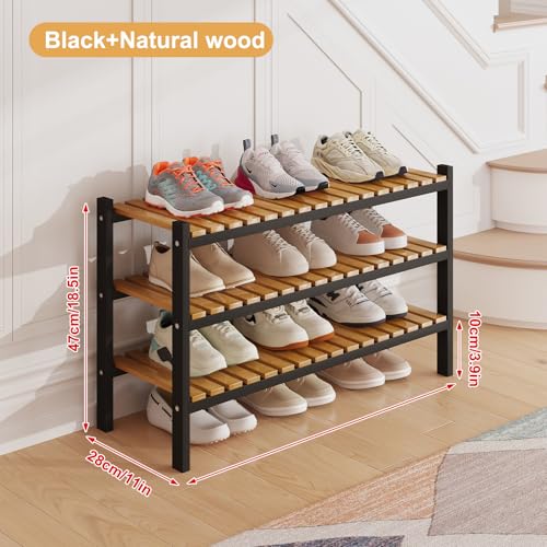 Bamboo Shoe Rack Organizer for Closet and Entryway - Space-Saving Narrow Shoe Stand - Versatile Shoe Holder for Door or Closet Shelf, Garage Bedroom can Freely Stack DIY Small Shoe Racks 3 Tier - color: Black+natural Color, size: 3-Tier