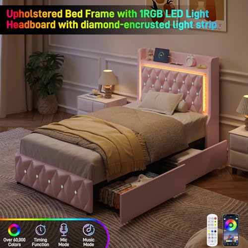 Twin Bed Frame with LED Lights & Charging Station, Upholstered Bed Frame Twin Size with Storage Headboard & 2 Drawers, Diamond Tufted, Curved Wingback, PU Leather, No Box Spring Needed, Pink - color: Pink, size: Twin