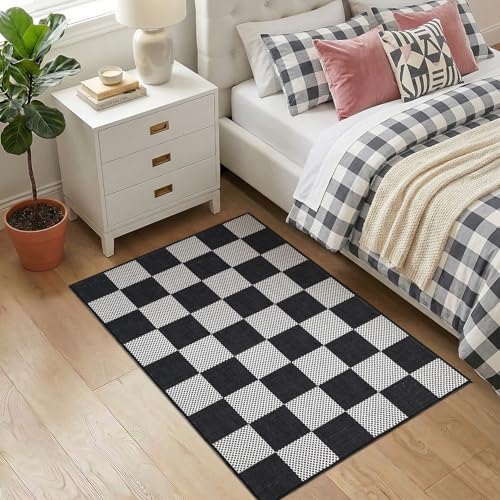 GarveeHome Checkered Black and White 2x3 Washable Rug Low-Pile Door Mat | Small Black and White Soft Stain Resistant Rug for Entryway Bedroom Bathroom Kitchen Non-Slip TPE Backing - color: Dark, size: 2' x 3' (Rectangular)