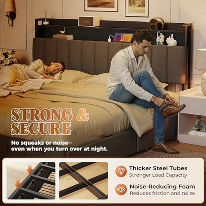 Bed Frame King Size with Upholstered Headboard & Charging Station, King Bed Frame with 4 Storage Drawers, 2-Tier Open Shelves, No Box Spring Needed, Slient Foam Strip, Easy Assembly, Grey - color: Grey, size: King