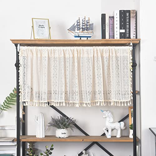 Sutuo Home Boho Sheer Curtain Valance Crochet Lace with Bohemian Hollow Knitted Handmade Tassels, Short Rustic Window Treatment for Kitchen Cafe, Rod Pocket, 1 Panel 59" W x 24" L,Beige - color: Beige Floral Crochet, size: 59"W x 24"L (Pack of 1)