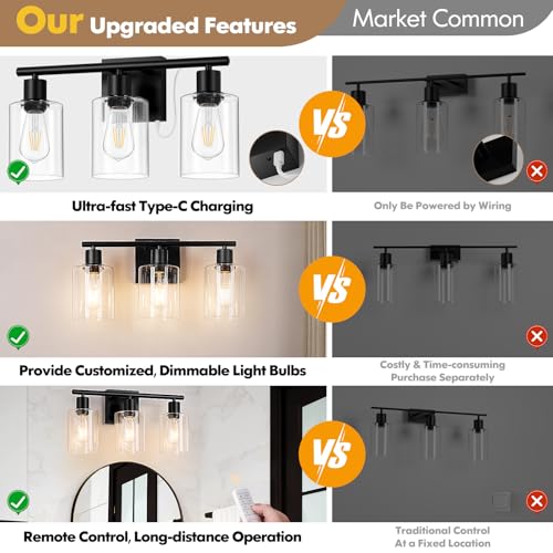 Battery Operated Wall Sconce, 3-Light Black Wireless Rechargeable Vanity Light Fixture with Remote & Bulbs, Dimmable Modern Indoor Non-Hardwired Wall Mounted Lamp for Bedroom, Living Room, Bathroom - color: Black