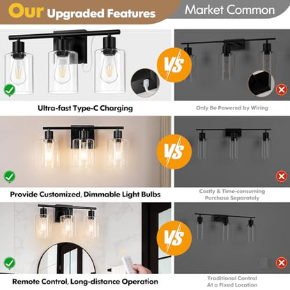 Battery Operated Wall Sconce, 3-Light Black Wireless Rechargeable Vanity Light Fixture with Remote & Bulbs, Dimmable Modern Indoor Non-Hardwired Wall Mounted Lamp for Bedroom, Living Room, Bathroom - color: Black