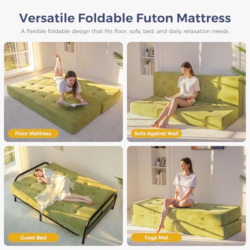 MAXYOYO Foldable Mattress, 8-Inch Tufted Futon Mattress with Handles | Tufted Floor Sofa Bed and Versatile Mattress, Carry Handles for Living Rooms or Guest Rooms, Frame Not Included, Green - color: Green