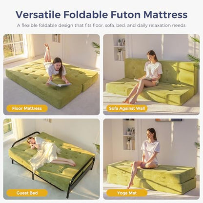 MAXYOYO Foldable Mattress, 8-Inch Tufted Futon Mattress with Handles | Tufted Floor Sofa Bed and Versatile Mattress, Carry Handles for Living Rooms or Guest Rooms, Frame Not Included, Green - color: Green