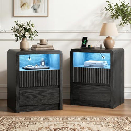 LYNSOM Fluted LED Nightstand Set of 2, Charging Station & 2 Drawers, Black | Mid Century Modern Night Stand with Stoarge, Wood Bedside End Table with Curved Edge for Bedroom, Living Room, Office, 20" W - color: Black, size: 2 Drawers