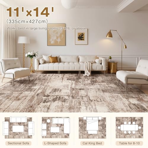 kakania Abstract 11x14 Area Rugs for Living Room: Washable Rugs Brown | Soft, Non-Slip, Low-Pile, Pet & Kid Friendly - Large Modern Home Decor Carpet for Bedroom/Dining Room/Office/Nursery - color: Brown, size: 11' x 14' (Rectangular)