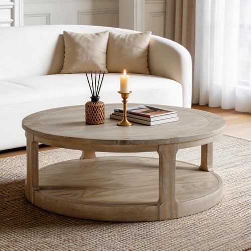 40" Round Coffee Table with Wheels, Circle 2 Tier Solid Wood Center Coffee Table, Mid Century Retro Farmhouse Rounded End Table for Living Room Apartment, ø40 x 17.52" H (Oak) - color: D-40" Oak