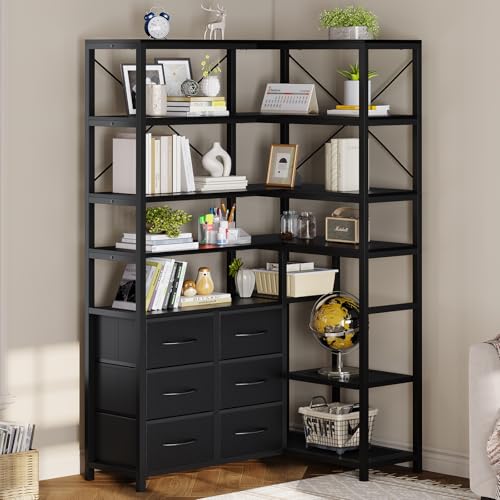 Corner Bookshelf, 7-Tier Bookcases Tall Convertible Book Shelf, Black | Industrial Corner Bookshelves with 6 Fabric Drawers, for Living Room, Kitchen, Home Office - color: Black