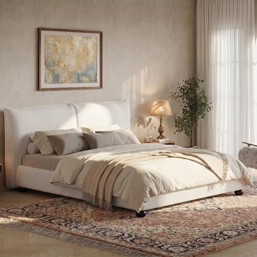 DNYN Upholstered Platform Bed Frame with Thick Pillow-Back Headboard | Linen Fabric Bed| Low-profile Design| No Box Spring Needed| Wooden Slats Support| Easy Assemble| California King Size - size: California King