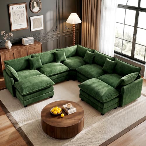 110" Modular Sectional Cloud Sofa Couch V Shape with 2 Ottoman, Green | 3 Layer Cushion, 6 Washable Pillows, 29" Deep Seat, Chenille Fabric, for Living Room Apartment - color: Green, size: 110"V-2