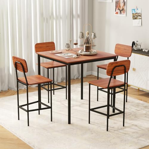 Giantex 5-Piece Dining Table Set W/Counter Height Table & 4 Bar Stools, Industrial Kitchen Dining Table Set W/Footrest & Backrest, Space-Saving Dinette Set for Pub, Dining Room, Restaurant (Walnut) - color: Walnut